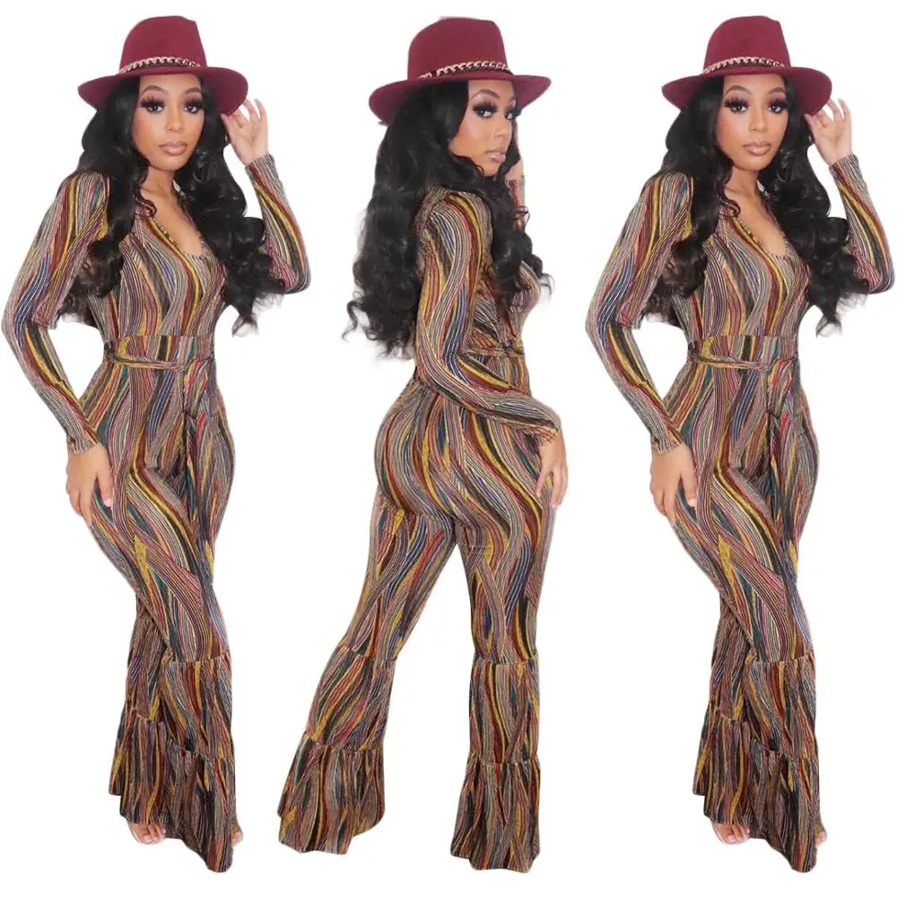 

New Colorful Striped Print Jumpsuit Deep V-Neck High Waist Sashes One-Piece Suits Skinny Long Sleeve Sexy Bell-Bottomed Romper