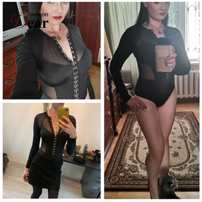 Comeondear Long Sleeve Bodysuit With Button Sexy Jumpsuit Women Playsuit XL Big Size Streetwear Bodycon See Through Body RB80753