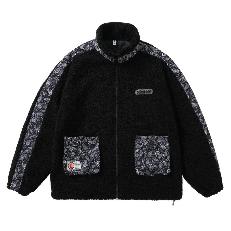 

LUCLESAM Men Fleece Jacket Parkas Mens Thick Warm Paisley Lamb Wool Coat veste hiver homme Harajuku Hip Hop Streetwear Coat