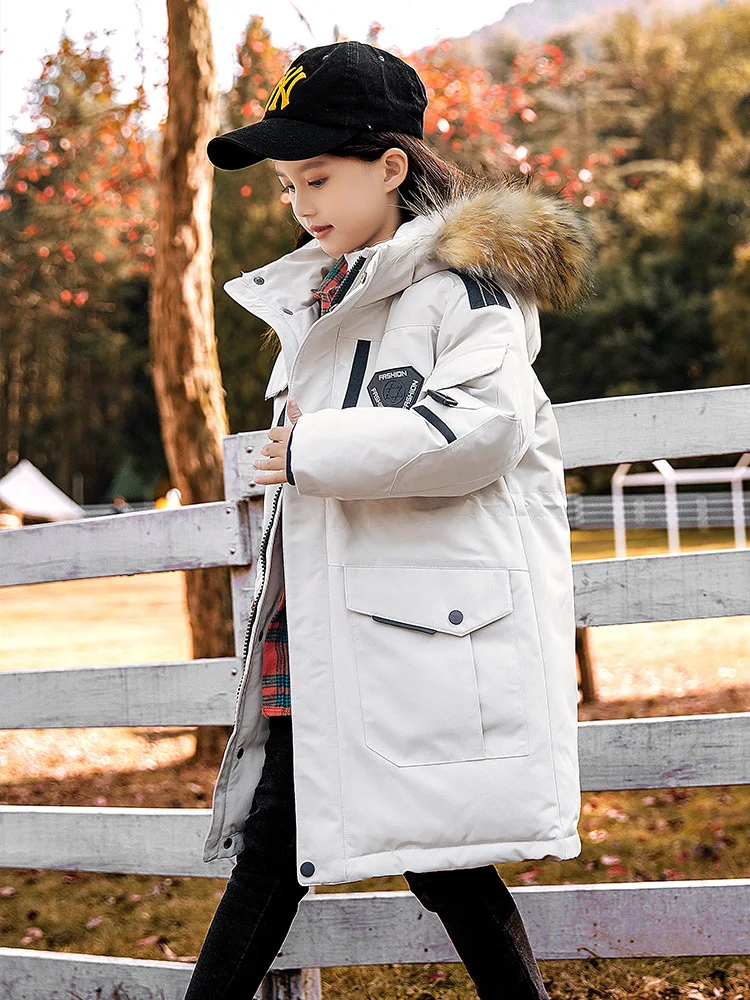 Детский пуховик с капюшоном зимняя длинная парка на утином пуху для мальчиков и