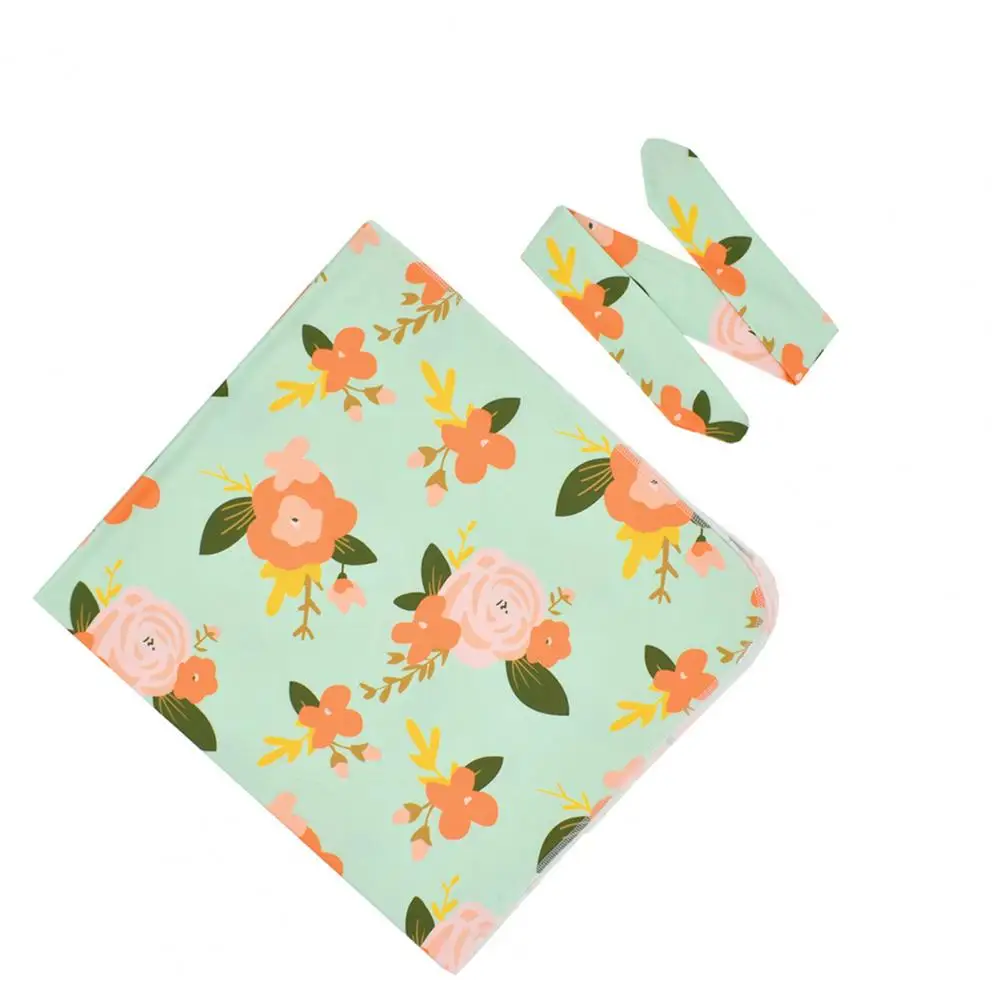 

2Pcs/Set Infant Receiving Blanket Floral Print Photography Prop Warm Newborn Swaddle Blanket Headband Set for Infant Accessories