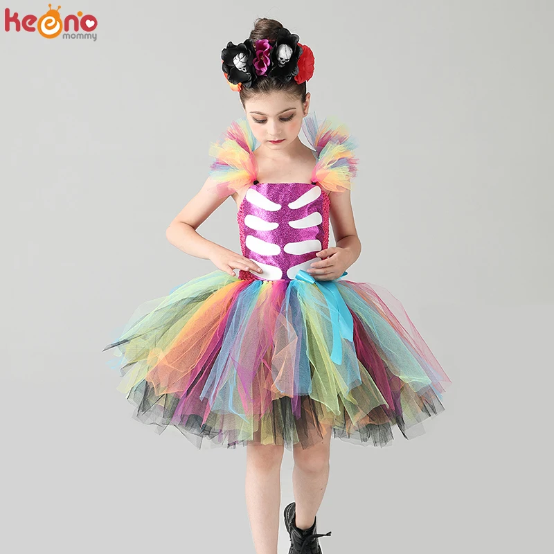 Day of the Dead Girl Skeleton Fancy Tutu Dress Halloween Up Party Kids Baby Costume Funky Punk Bones for Girls |