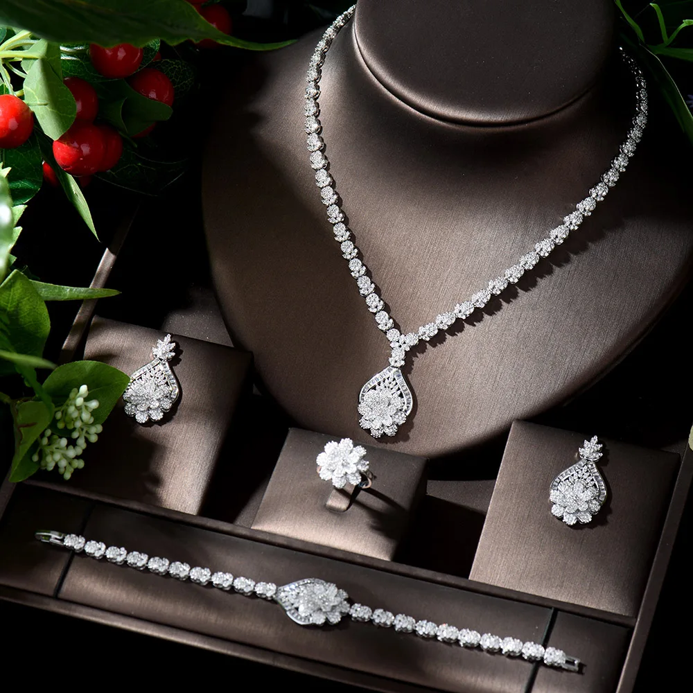 HIBRIDE Classic Wedding Jewellery Sets AAA Cubic Zirconia Luxury Dubai 4pcs Jewelry Bridal Set for Women Wedding Party N-1337