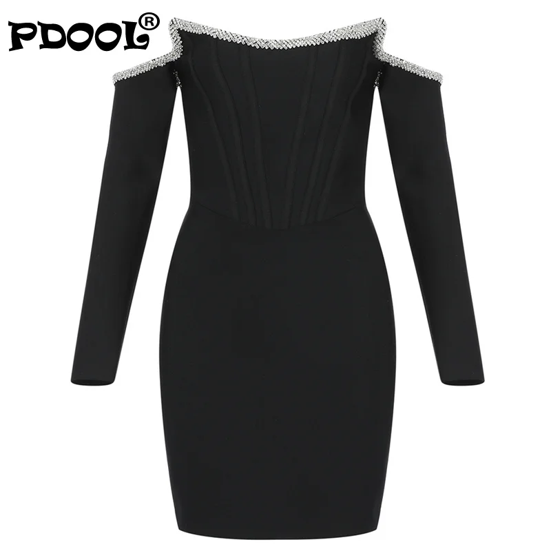 

Sexy New Arrival Black Winter Women Long Sleeve Bandage Dress Vestidos Slash Neck Sequins Bodycon Elegant Party Dress
