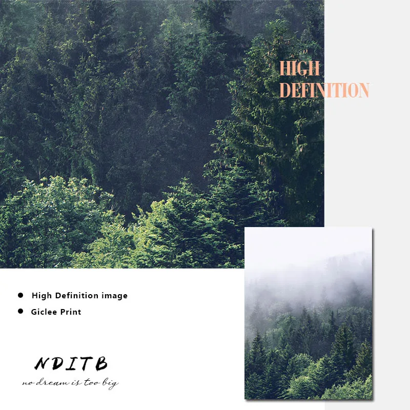 Туманный лес Пейзаж Плакат в скандинавском стиле Холст Wall Art Картина