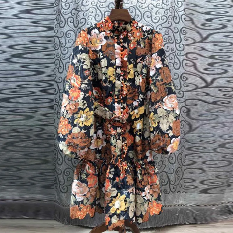 woman spring dress 2020 new print embroidered single breasted bubble sleeve Long high waist Elegant fashionable | Женская одежда