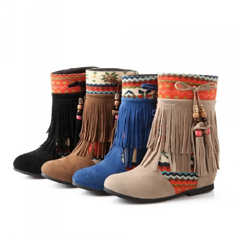 Новинка Сезон осень зима Женские ботинки с бахромой бусинами Матовые Большие