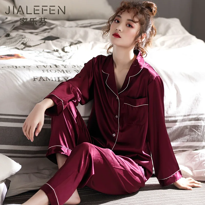 Pajamas Womens Spring and Summer Ice Silk Long Sleeve Home Wear Spring and Autumn Thin Artificial Silk Red Birth Year