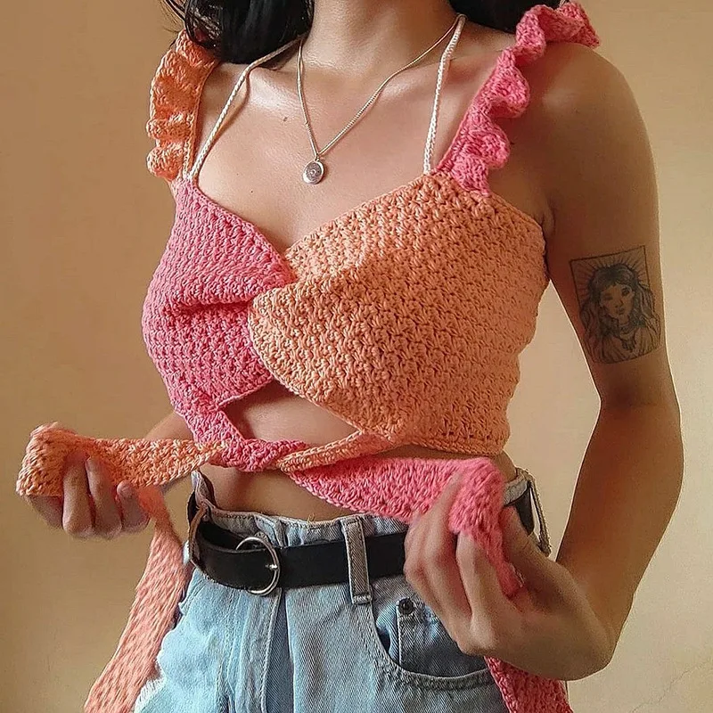 

Sexy Crop Top Women Camisoles Autumn Spring Knitted Camis Tanks Skinny Slim Midriff Halter Neck Sleeveless Bandage Ladies Camis