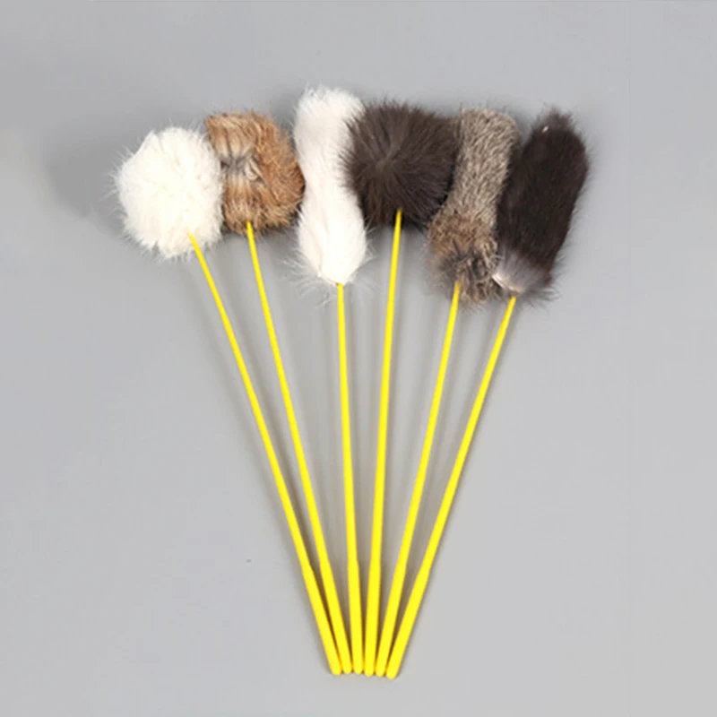 

Pet Cat Toys Mini Rabbit Fur Ball Stick Cat Catcher Teaser Interactive Toys Feathers Tease Pet Funny Supplies Random Color