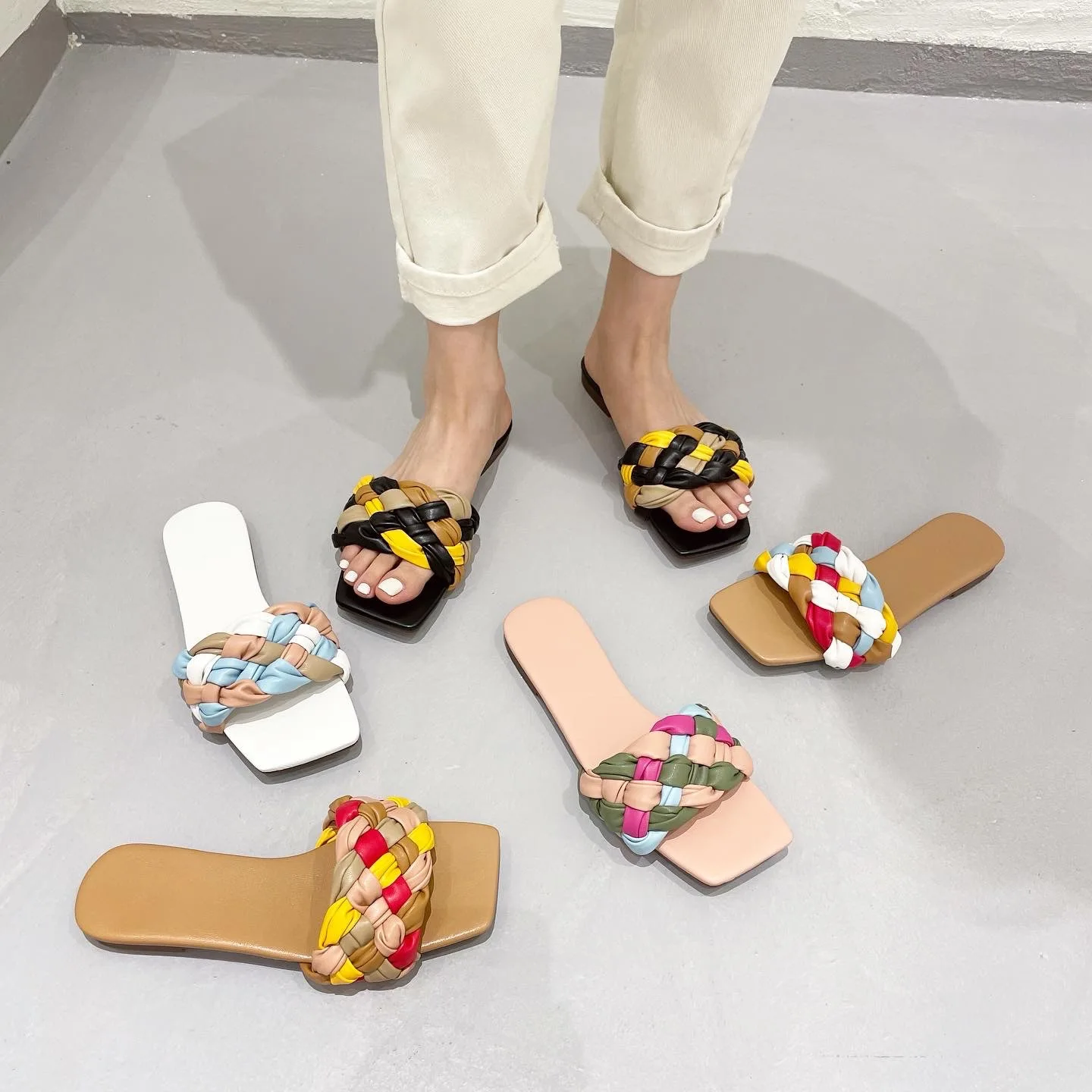 

2021 Women Summer Slides High Quality Weave Open Toe Flat Slipper Leisure Sandal Female Beach Mixed Colors Flip Flops