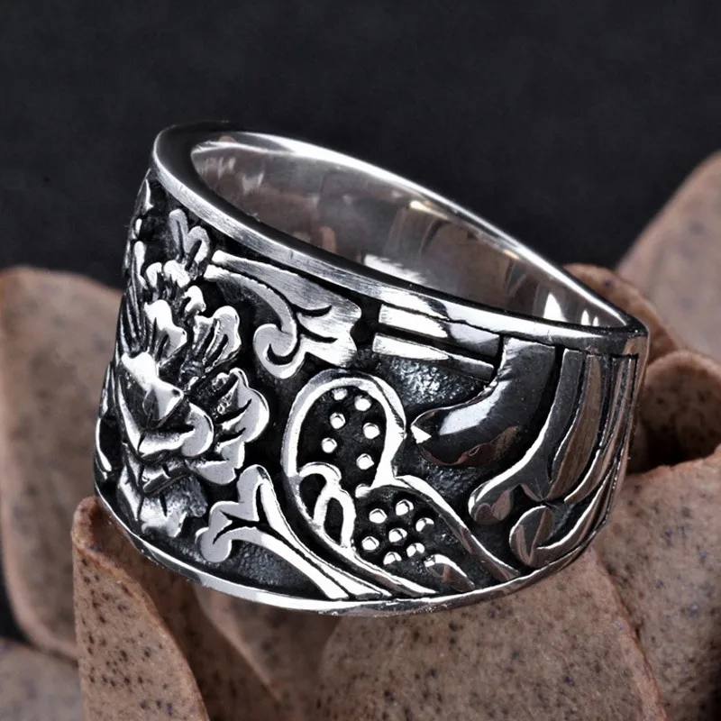 Мужское кольцо с цветами BOCAI серебряное в стиле ретро широким лицом ювелирное