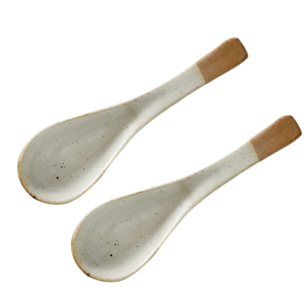 

2 Pcs Household Ceramic Spoons Nonslip Coffee Spoons Retro Dessert Spoons