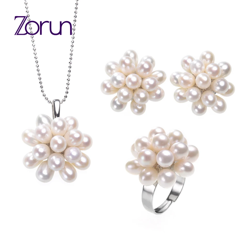 Zorun Real Natural Freshwater Pearl Wedding  Jewelry Sets  5-6MM with Silver Color  New Design Ring Sets for Women