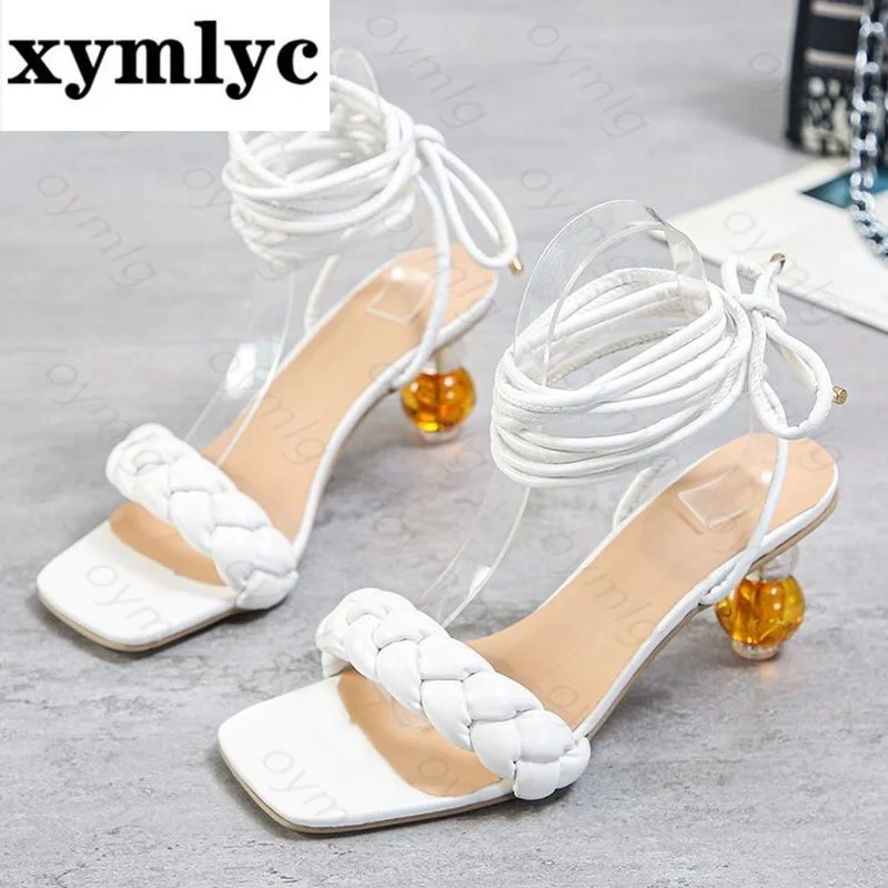 Sandalias De tacón transparente tejidas para Mujer, Zapatos De tacón alto con punta abierta, novedad De verano, 2021