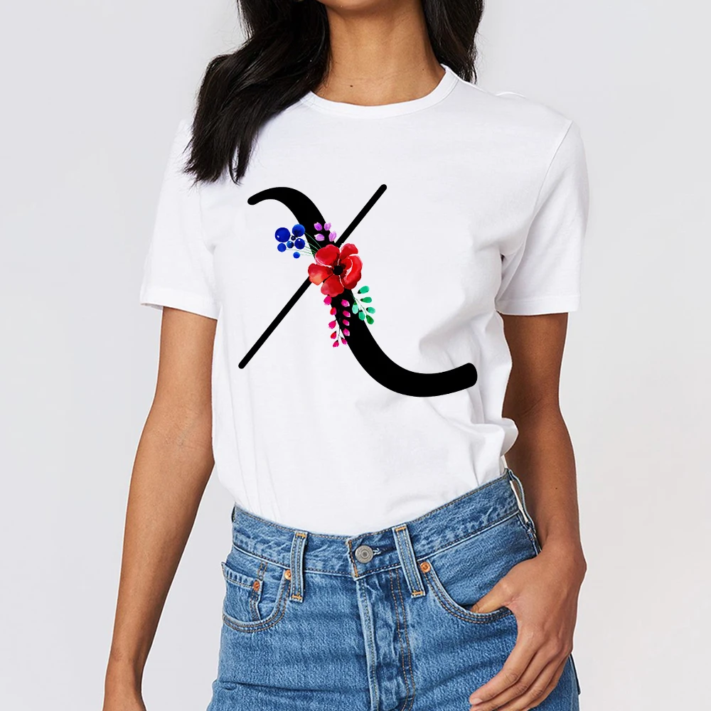 

Capital Letter X Printed Vintage T-shirt Women Flower Short Sleeved Top Spring Wite Summer Tops Beautiful Design Tee New Tshirt