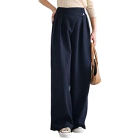 women high waist solid color irregular waistband wide leg pants loose trousers