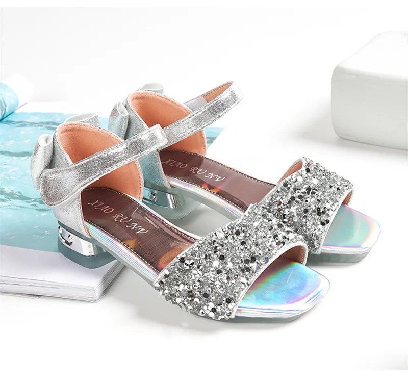 Low Heels Sequins Little Girls Princess Sandals Open Toe Bowknot Dress Flower Shoes for Wedding сандали для девочки | Детская