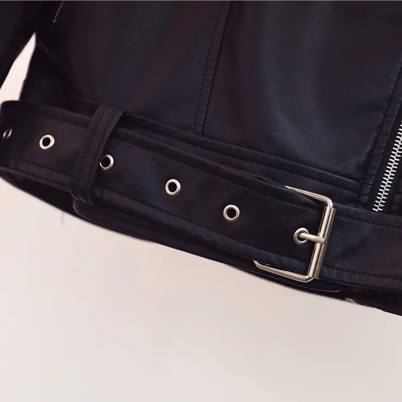 

Women's motorcycle leather coat lapel jacket Pu with belt faux