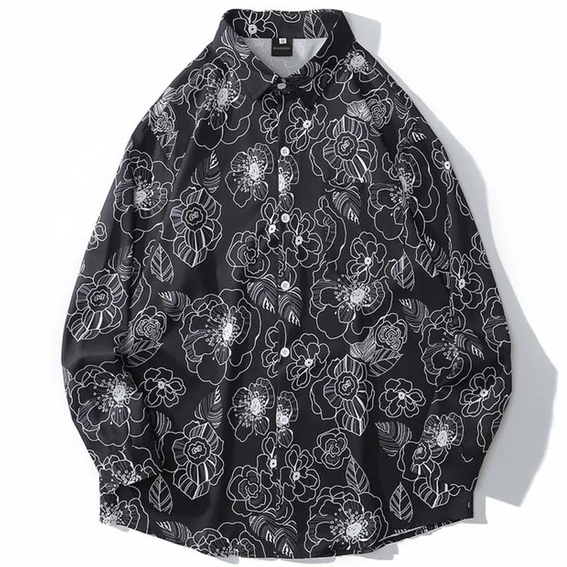 

Men Floral Print Hawaii Beach Shirts Harajuku Streetwear 2020 SS Long Sleeve Blouse Hiphop Unisex Black Shirts Tops and Blouse