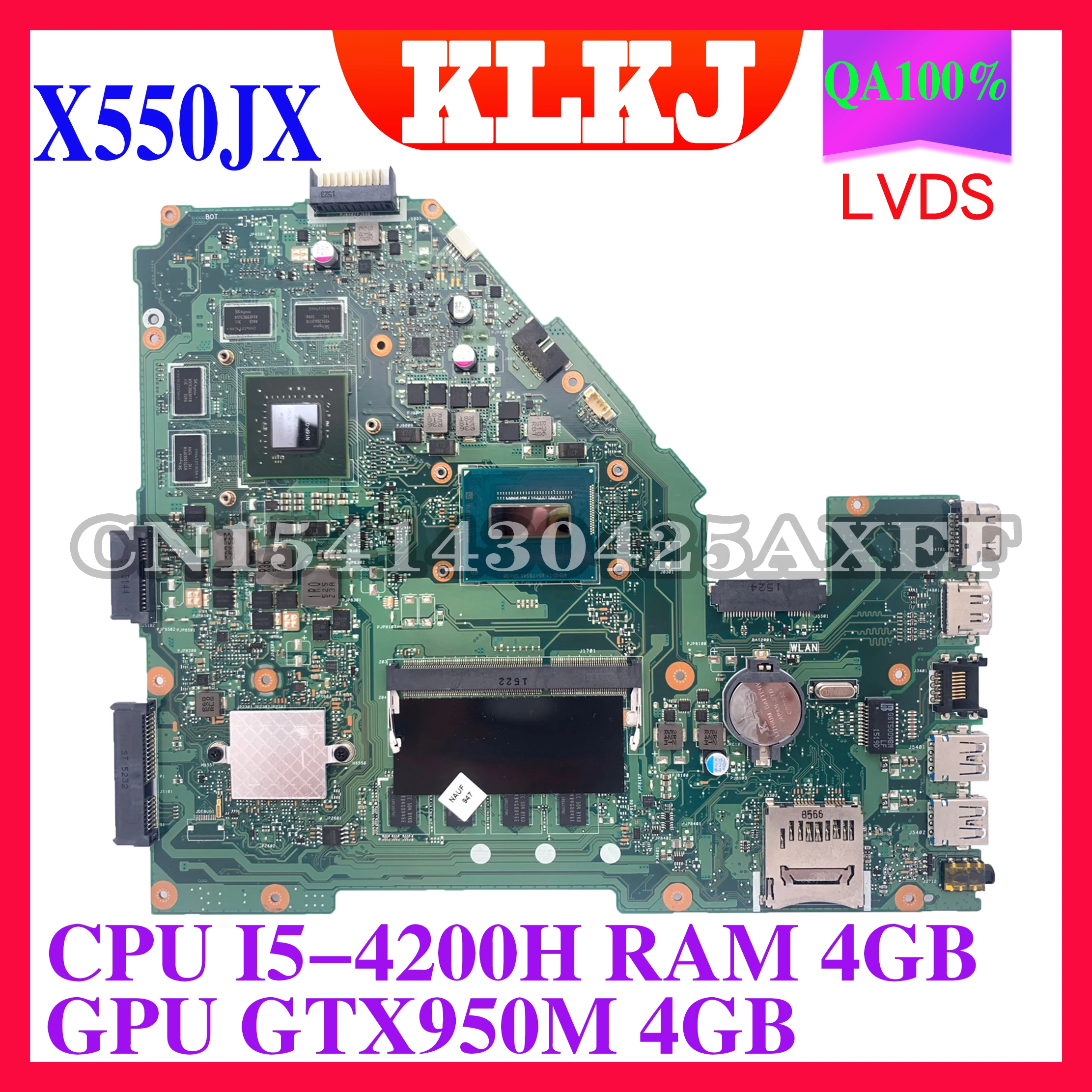 

KLKJ X550JX Laptop motherboard for ASUS X550JK X550JD X550J FX50J ZX50J original mainboard 4GB-RAM I5-4200H GTX950M 4GB LVDS