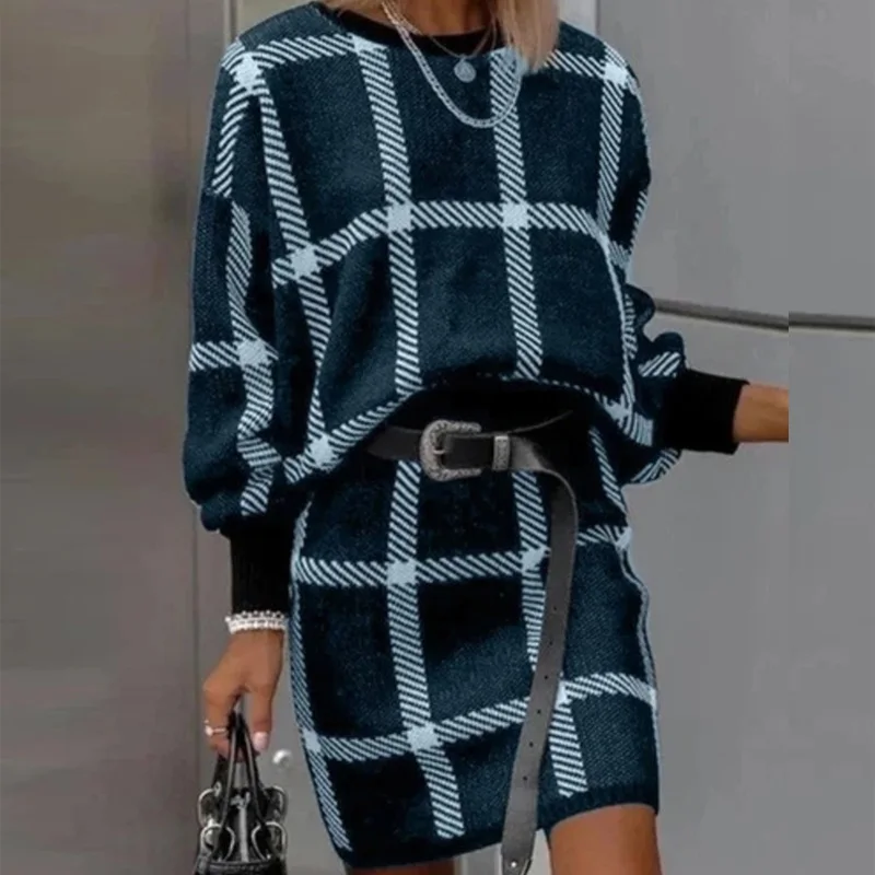 

Women Casual O Neck Pullover Sweatshirt Mini Skirts Outfit New Spring Elegant Plaid Print Suit Set Autumn Office Lady 2pcs Sets