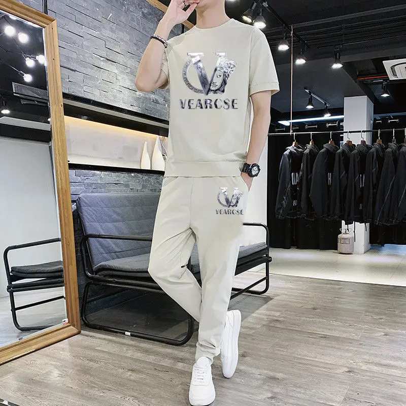 

Men's Summer Cool and Breathable Men's Short Sleeve T-shirt Trend Casual a Set of Clothes Handsome Matching Suit