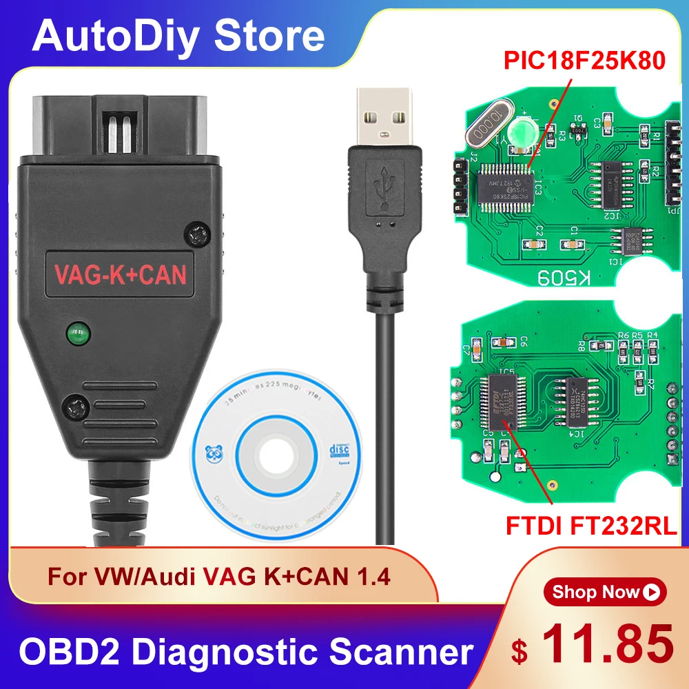 

High Quality For VAG K+CAN Commander V1.4 With FTDI FT232RQ PIC18F25K80 Chips OBD2 Car Diagnostic Scanner Cable For VW For Audi