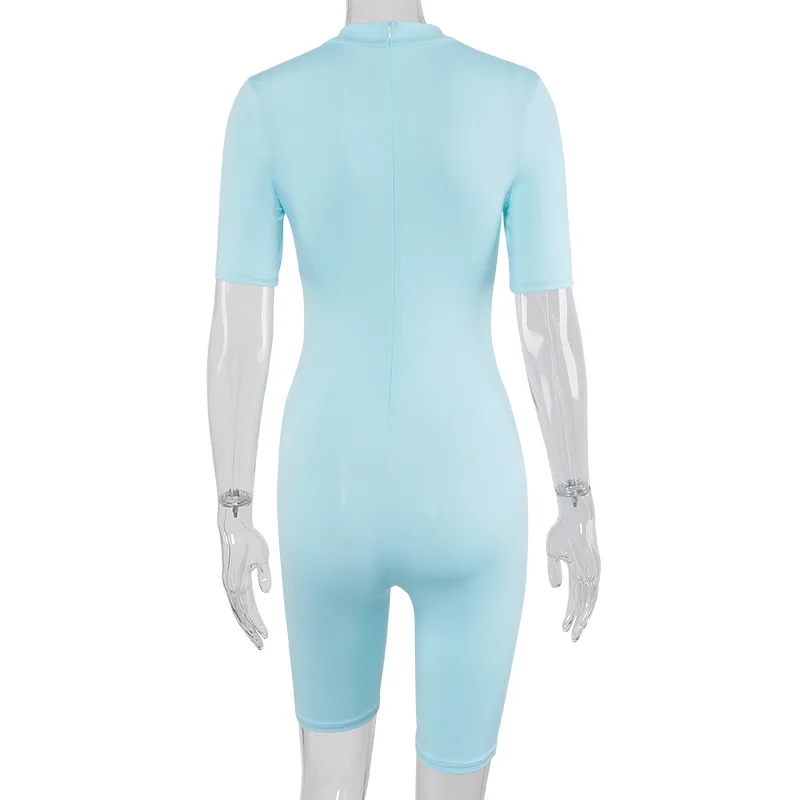 

Turtleneck Bodycon Fitness Playsuit Sportswear Short Sleeve Zipper Body Solid Slim Waist Rompers Womens Jumpsuit
