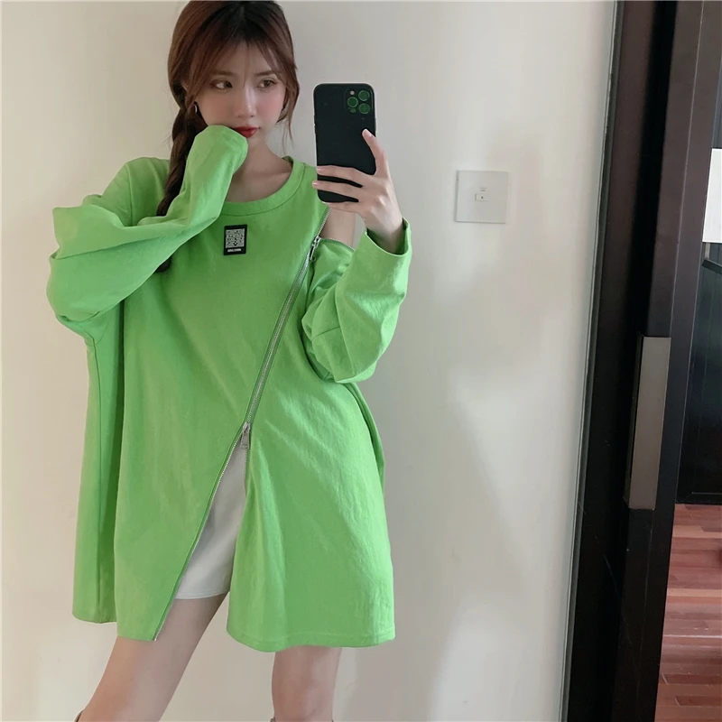 

2021 fashion Women's Clothing Casual loose Solid color Long sleeve round neck Sweatshirts Zipper and long sections tops women