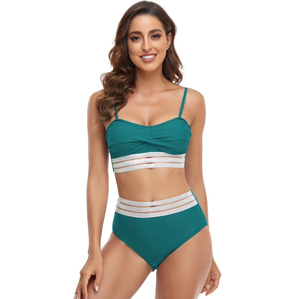 

Сексуальный комплект бикини с высокой талией для женщин, купальный костюм, новинка 2022, купальная одежда, Бикини бандо, синий, зеленый, винно-...