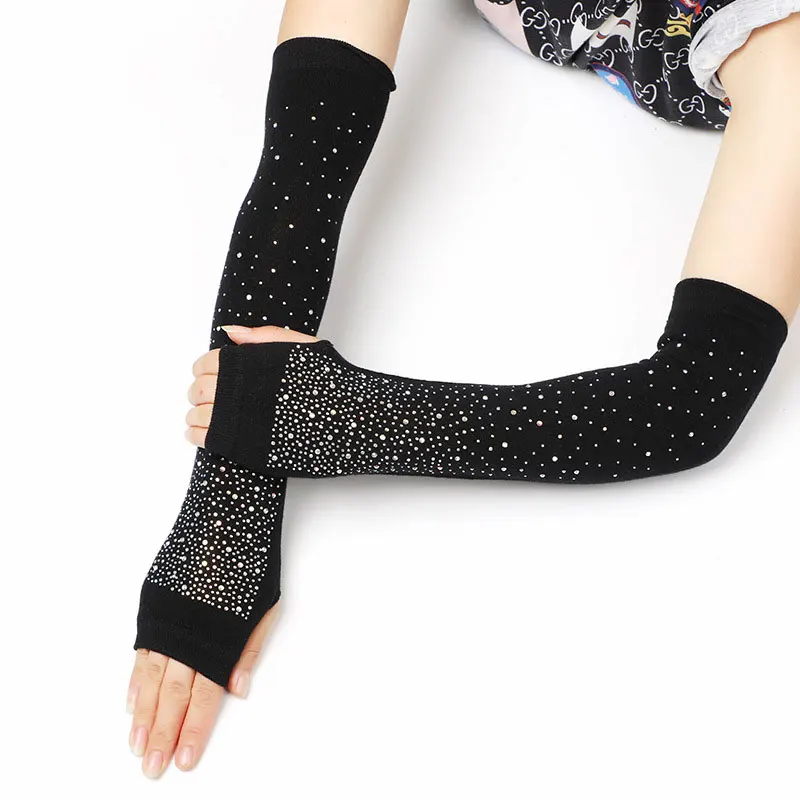 Женские черные длинные вязаные теплые варежки с полупальцами для вождения