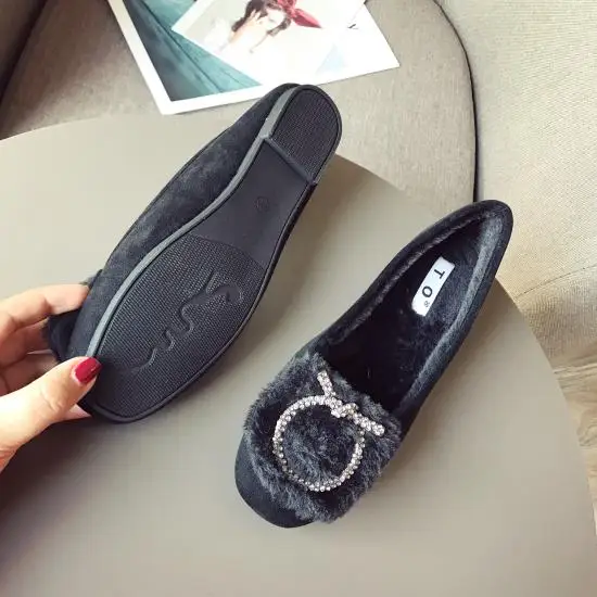 

Women Crystal Cricle Decoration Fur Flats Rhinestone Knot Comfy Plush Moccasins 41 42 Big Size Winter Furry Outdoor Footewar