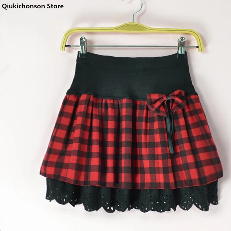 

Qiukichonson Crochet Lace Lolita Pleated Skirt Women 2021 Spring High Waisted Bowknot Short Plaid Wool Skirts Mini tutu femme