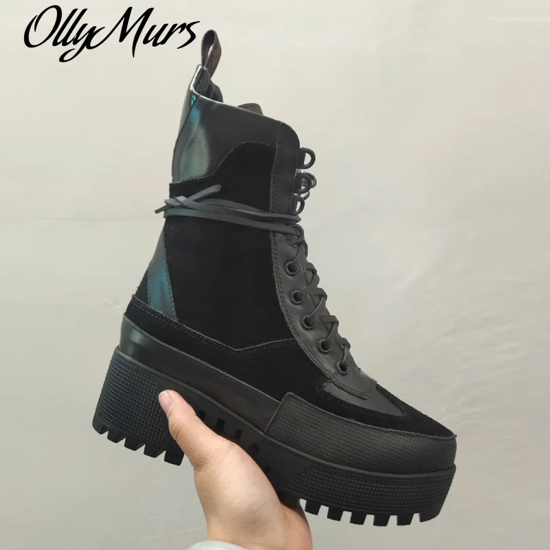 

Ollymurs Luxury Shoes Designers Thick Bottom Platform Boots Woman Lace Up Mixed Color Shoes Women Real Leather Short Ankle Boots