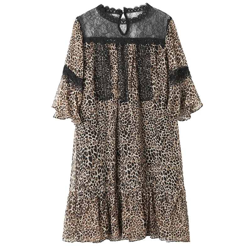 2020 summer fake two-piece lace stitching loose leopard print chiffon mid-length dress round neck temperament | Женская одежда