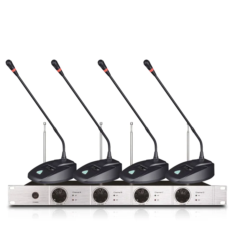 

Профессиональная Беспроводная микрофонная система VHF, 4 Конференц-микрофона, микрофон для сцены, беспроводной микрофон с петлей