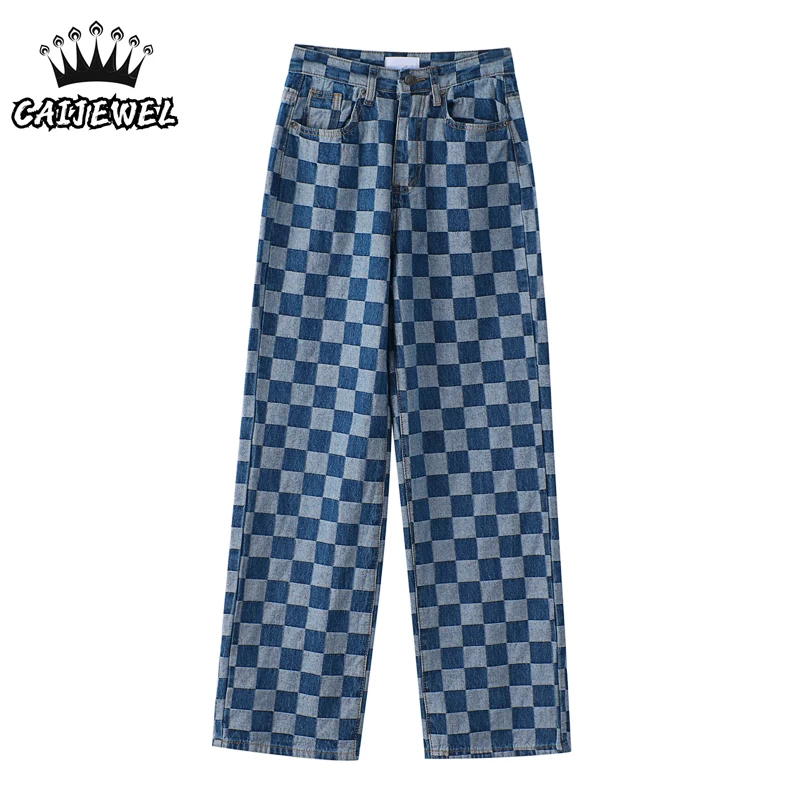 

Винтажные женские джинсы в клетку с высокой талией, уличная одежда, модные мешковатые прямые джинсовые брюки, шикарный дизайн, повседневные...