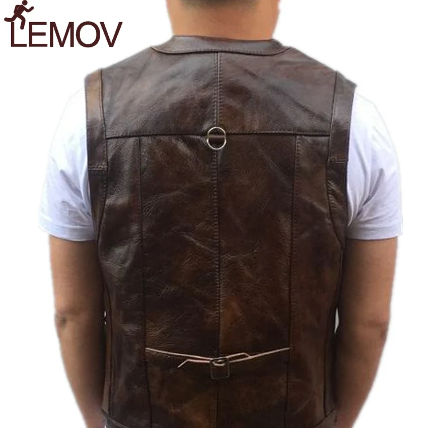 LEMOV коричневый жилет мужской кожаный из натуральной кожи мотоциклетный с