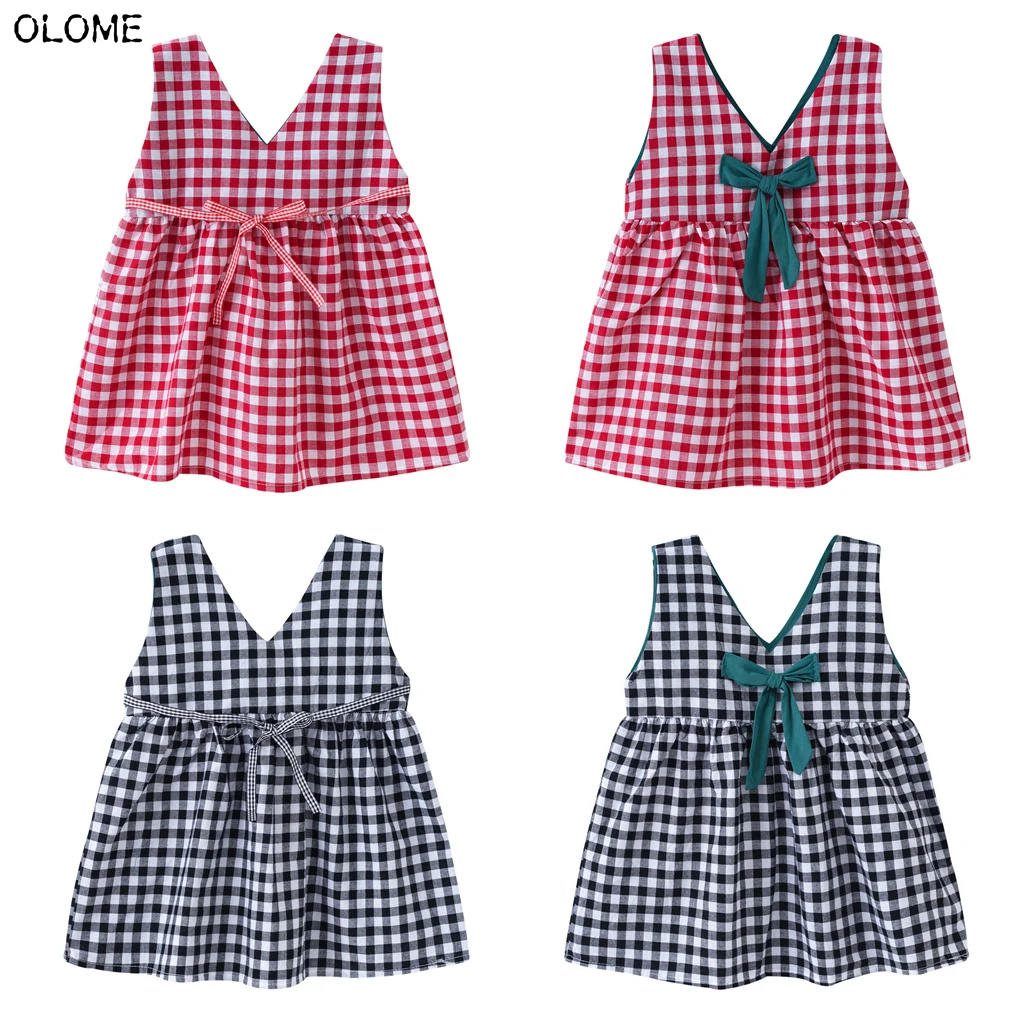 

OLOME Summer Plaid Pattern Girls Dresses Princess Sweet Cotton Sleeveless Girls Skirts with Bow Comfortable Little Girls Dress