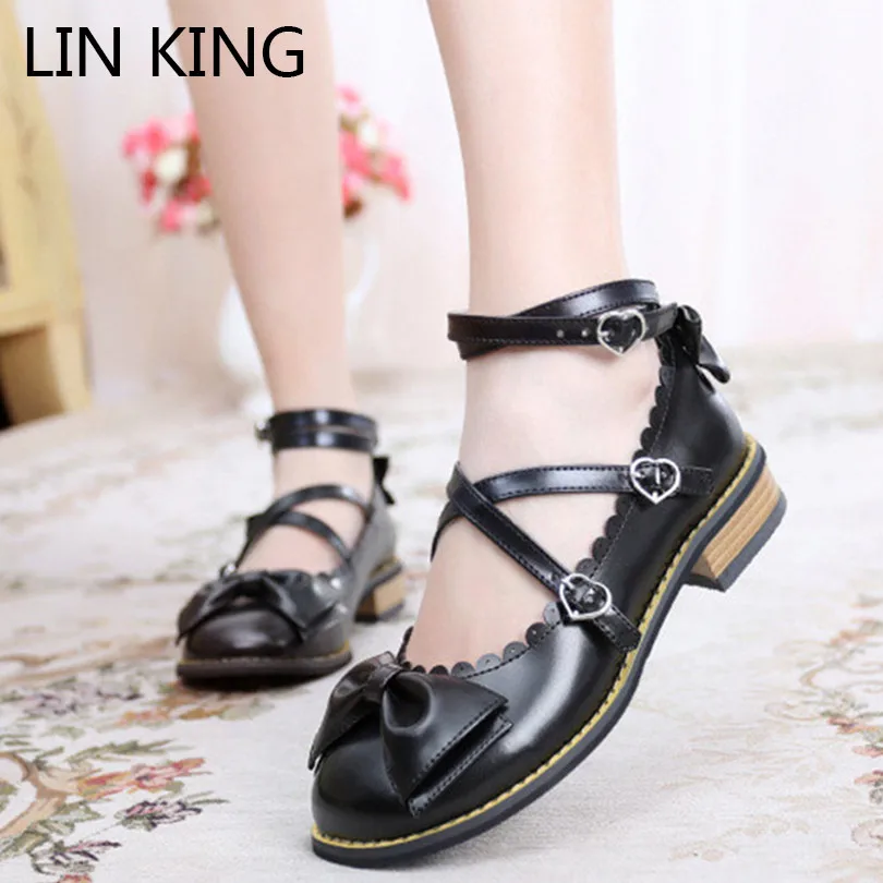 LIN KING/модные женские ботинки с бантиком сапоги застежкой в стиле панк на низком