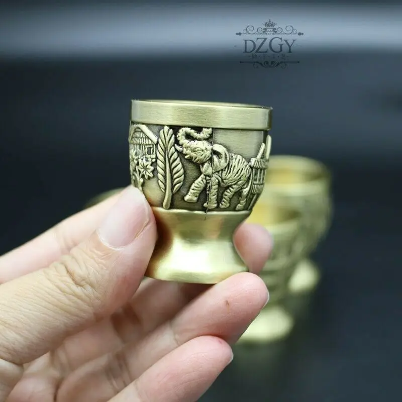 

Retro Handmade Bronze Carved Wine Glasses Antique Wind Elephant Metal Goblet