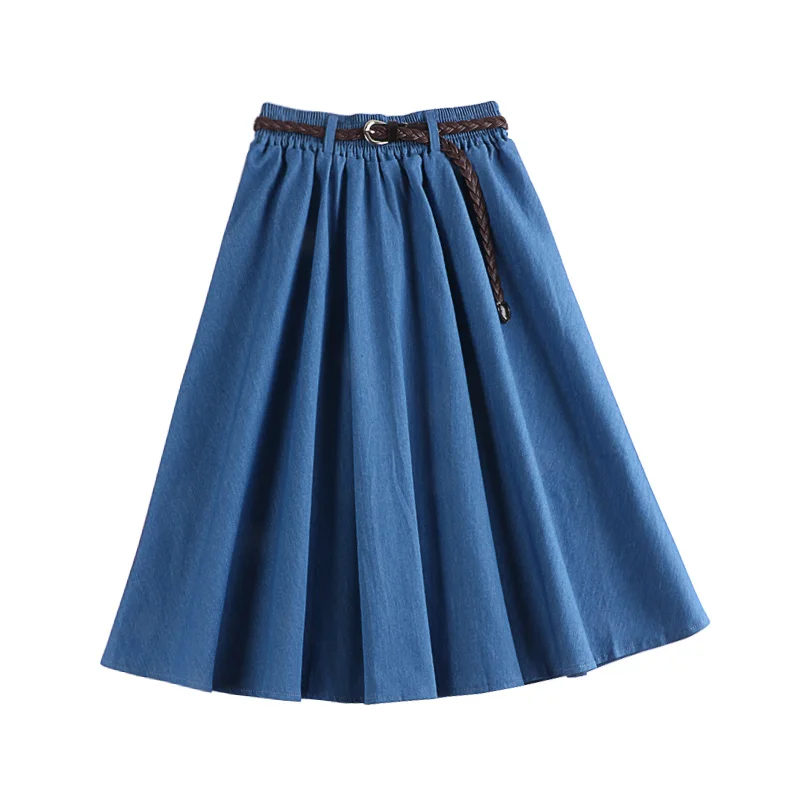 

solid all match denim women skirts 2020 summer new high waist pleated A-line knee-length office lady elegant skirts