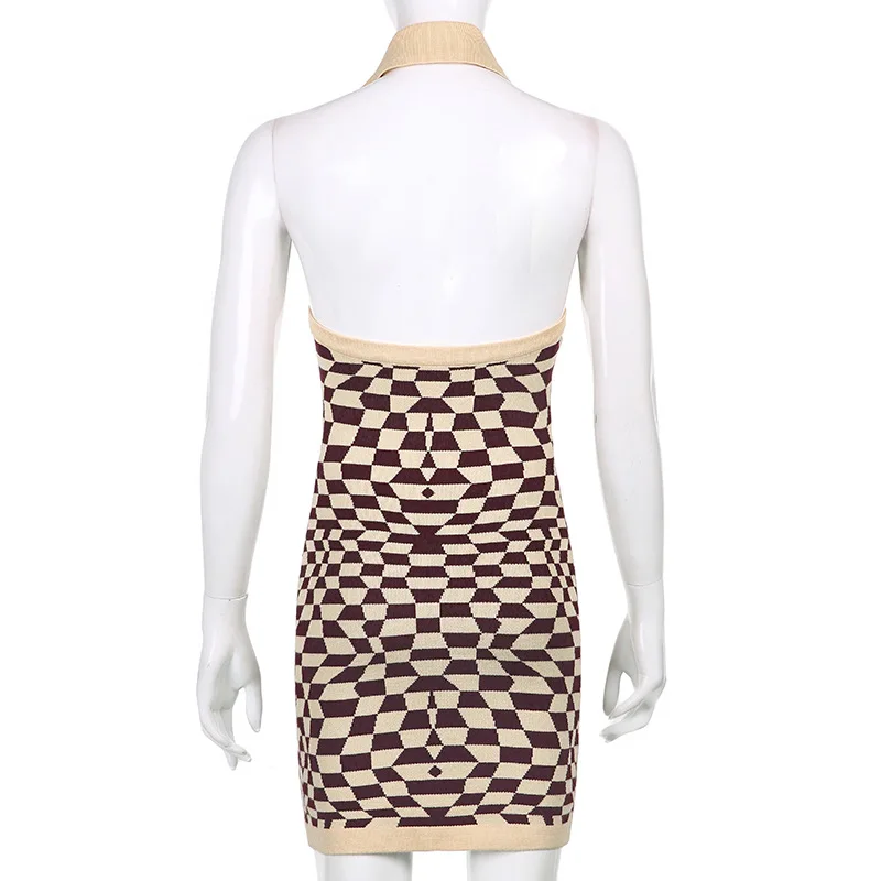 

Sexy Women Dress 2021 Plaid Knit V-Neck Bodycon Backless Y2K Summer Brown Sleeveless Halter Neck Mini Dresses Robe Vestidos