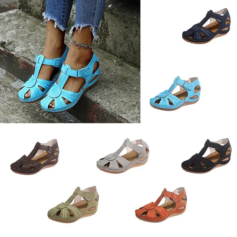 

Kiiyilala Hook & Loop Vintage Wedge Sandals Buckle Casual Sewing Women Shoes Female Ladies Platform Retro Sandalias Plus Size