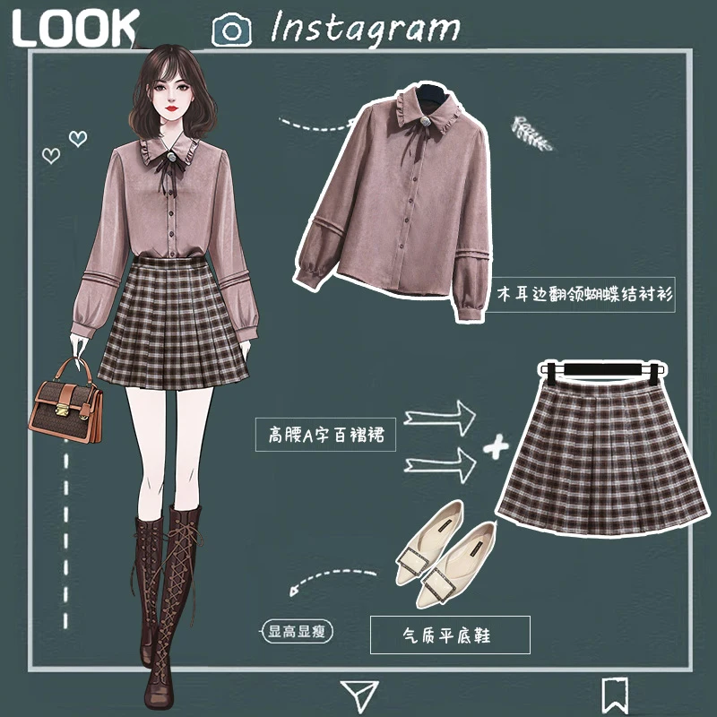 

2021 Spring Suit French Doll Collar Long Sleeve Pink Color Shirt Female High Waist Plaid Pleated Mini Skirt Outfits for Women