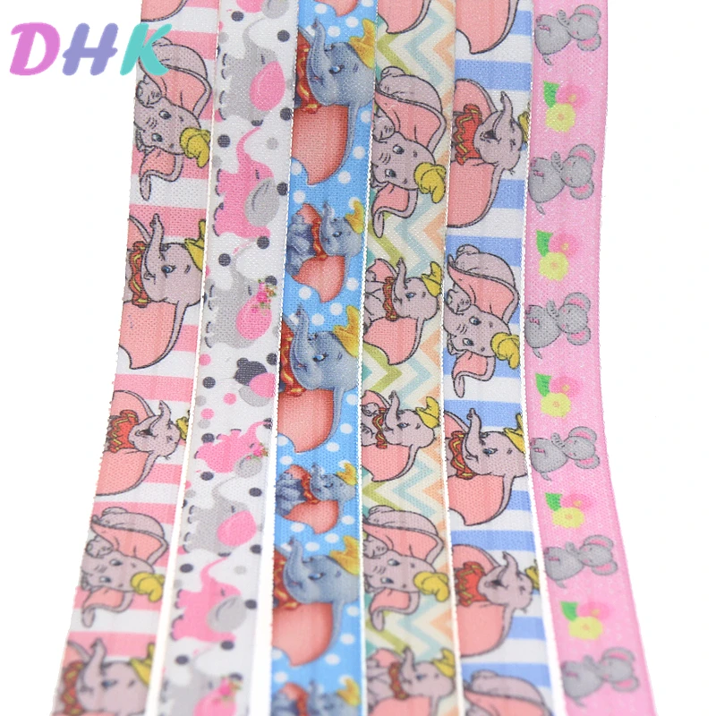 DHK 5/8'' 5yards elephant printed Fold Elastic FOE stretch ribbon hairbow headwear headband DIY OEM E1724