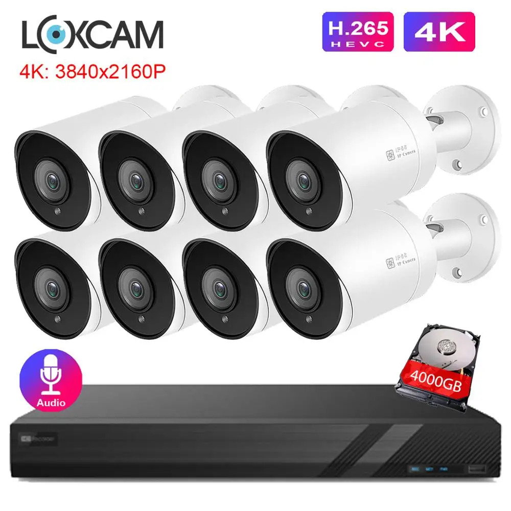 LOXCAM H.265 8 канальная система видеонаблюдения 4K POE NVR Kit SONY IMX415 8MP 3840*2160P Аудио наружная