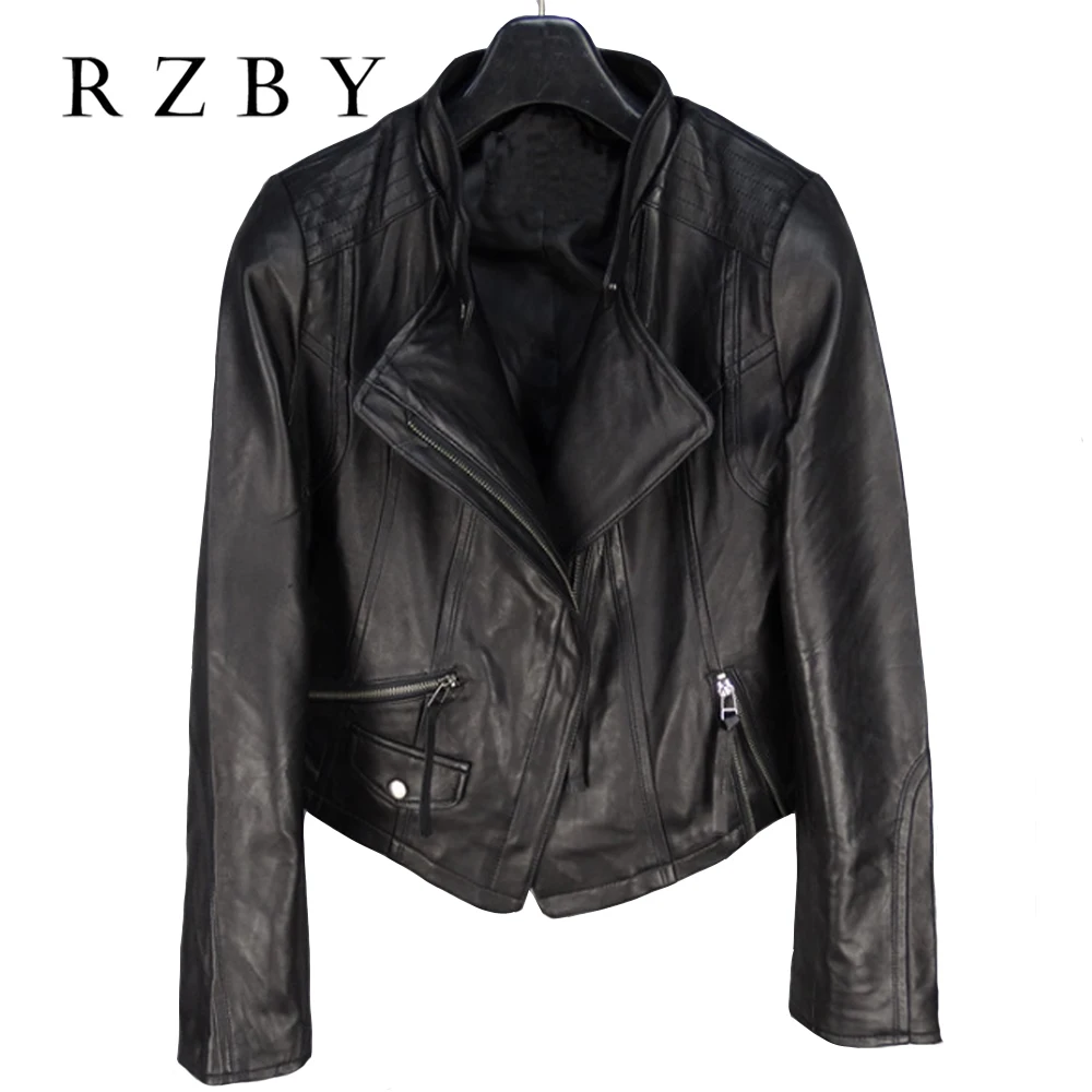 Женская кожаная куртка RZBY из натуральной овечьей шкуры мотоциклетная байкерская