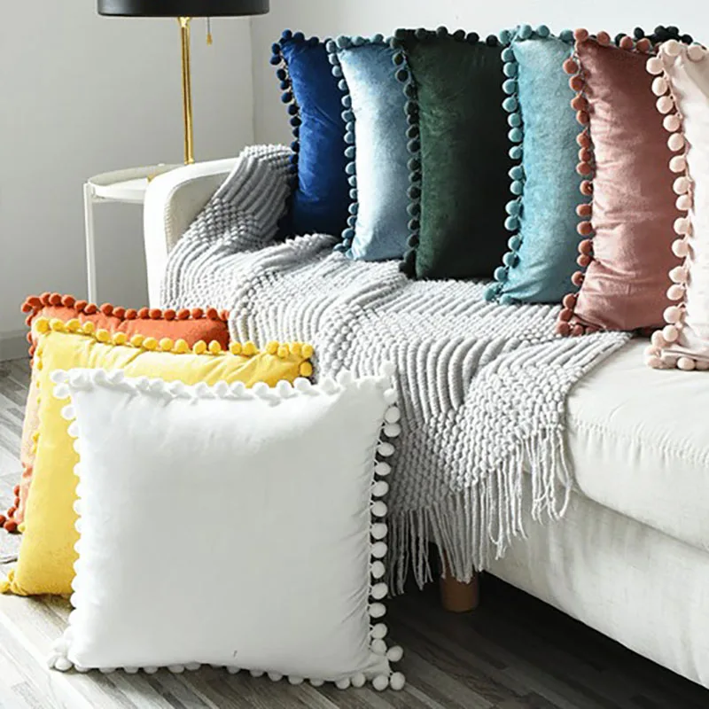 Decorative Luxury Velvet Cushion Cover Sofa Living Room Home Decor Nordic Throw Pillow Hair Ball Plush Fabric Pillowcase |